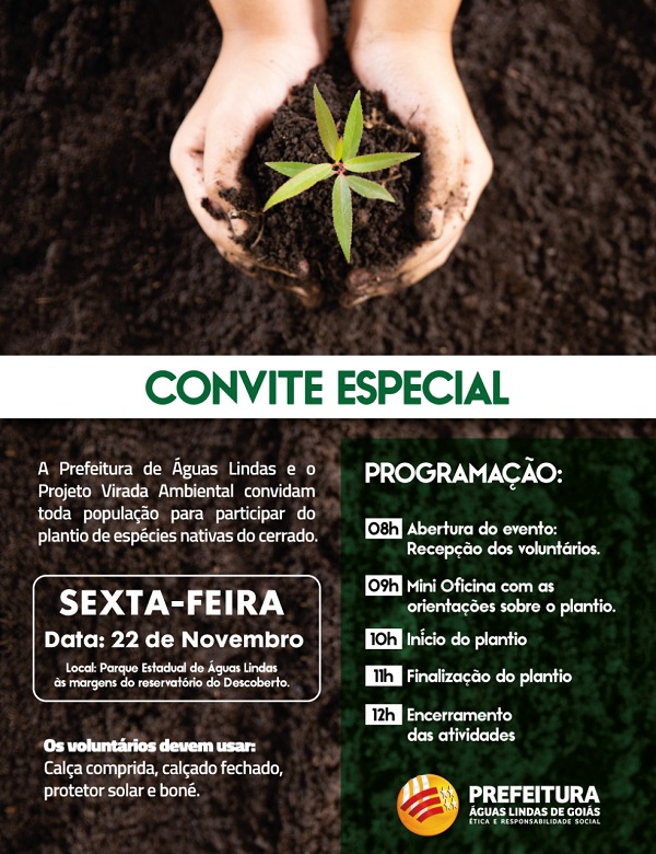 Plantio de árvores nativas do cerrado será realizado pelo Projeto Virada Ambiental em Águas Lindas Plantio de árvores nativas do cerrado será realizado pelo Projeto Virada Ambiental em Águas Lindas