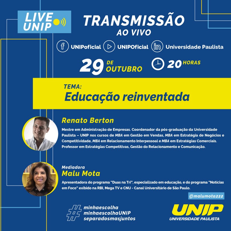 “Educação Reinventada” é tema de live da UNIP em 29 de outubro