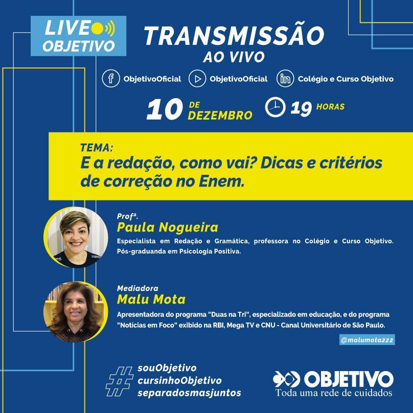 Objetivo transmite live sobre redação no Enem Objetivo transmite live sobre redação no Enem
