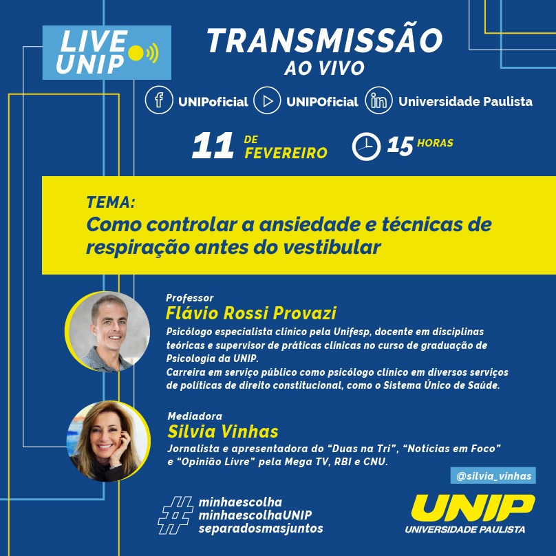 “Controle da Ansiedade e Técnicas de Respiração” é tema de live da UNIP no dia 11 de fevereiro