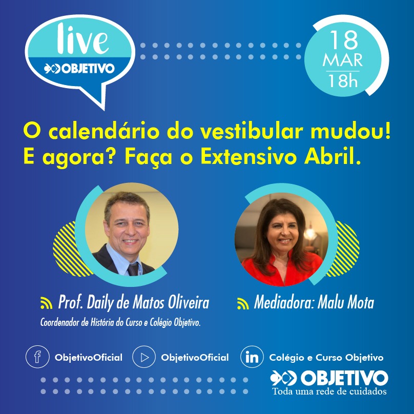 Com a mudança no calendário dos vestibulares, Objetivo cria curso Extensivo Abril. Conheça como ele é na live “O calendário do vestibular mudou! E agora? Faça o Extensivo Abril” Com a mudança no calendário dos vestibulares, Objetivo cria curso Extensivo Abril. Conheça como ele é na live “O calendário do vestibular mudou! E agora? Faça o Extensivo Abril”