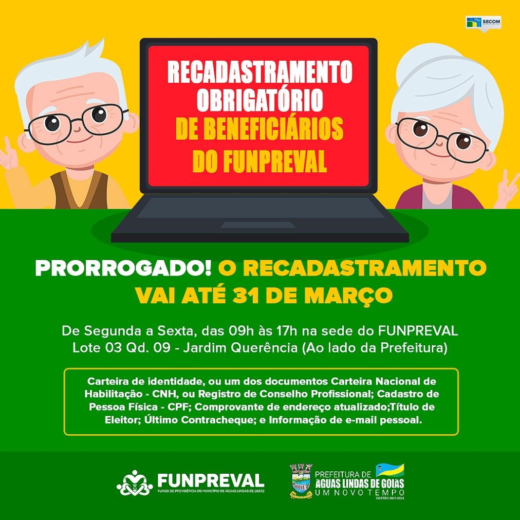 Prorrogado prazo de recadastramento do Fundo de Previdência de Águas Lindas Prorrogado prazo de recadastramento do Fundo de Previdência de Águas Lindas