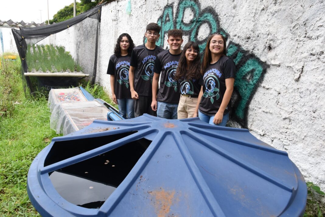 Escola do Gama aposta em sistema sustentável que une criação de peixe e cultivo de plantas Escola do Gama aposta em sistema sustentável que une criação de peixe e cultivo de plantas