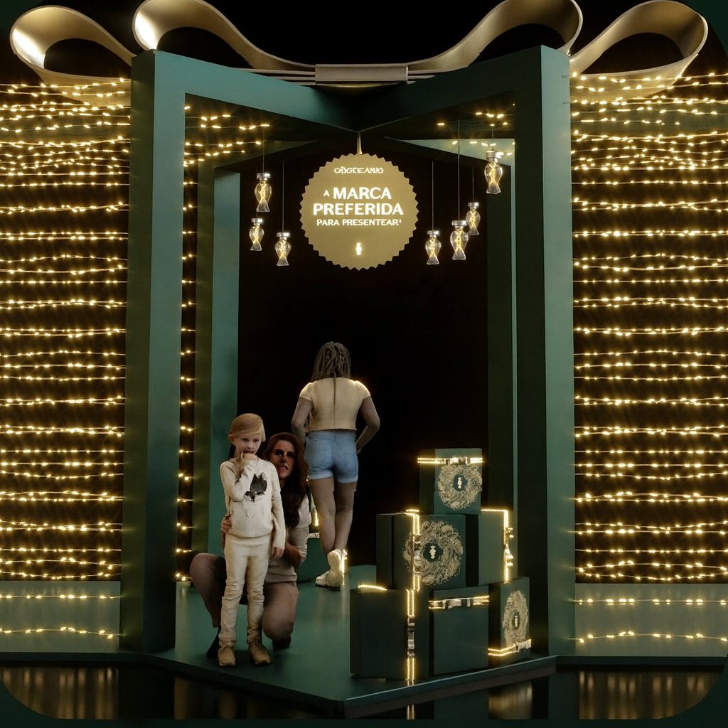 O Boticário cria experiência com pórtico de presentes gigantes no Pontão do Lago Sul, em Brasília.