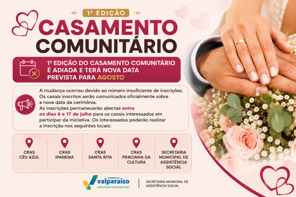 1ª Edição do casamento comunitário é adiada e terá nova data prevista para agosto 1ª Edição do casamento comunitário é adiada e terá nova data prevista para agosto